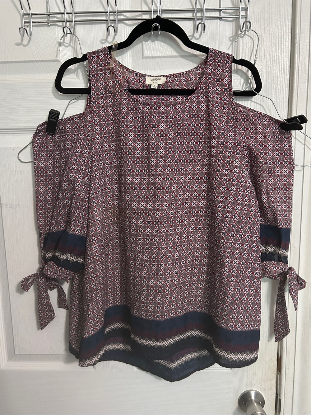Umgee Geometric Cold-Shoulder Blouse with Tie Sleeves